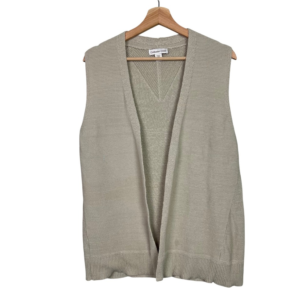 Coldwater Creek Womens L 14 Beige Knit Open Front Vest Cotton Blend Sleeveless